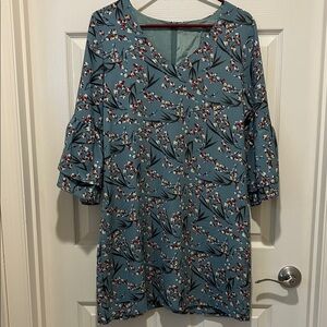 Belongsci Floral Teal Midi Dress with Ruffled Bell Sleeves Spring Bridal Shower